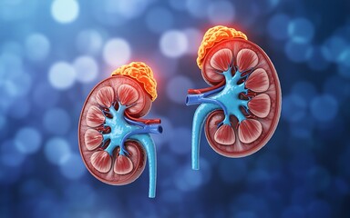 Detailed 3d illustration of a human kidney cross section showcasing a tumor on the adrenal gland with internal structures and blood vessels against a blurred blue background