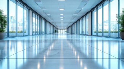 Modern office corridor with large windows showcasing a cityscape and greenery outside