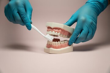 Dentist wearing blue gloves demonstrates proper tooth brushing technique on a dental model of human teeth and gums with a white toothbrush