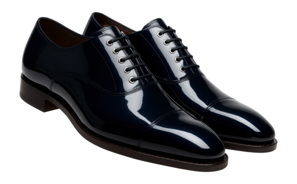 Midnight blue patent oxford shoes with a slightly pointed toe