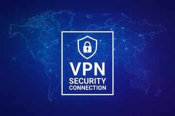 VPN secure connection graphic with glowing shield and lock icon over world map, representing global cybersecurity, encrypted internet access, and digital privacy protection, VPN secure connection, 
