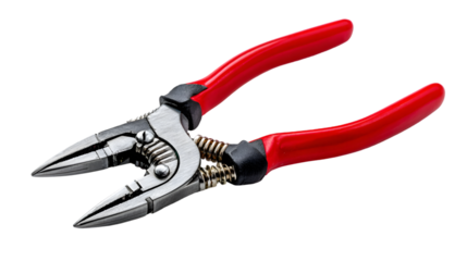 Close up of open pliers with red handles and silver metal on a plain black background studio shot