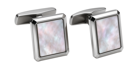 Rectangular cufflinks with mother-of-pearl inlay and beveled edges