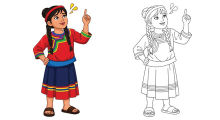 Resourceful Clever Young Girl from Folk Tale Coloring Page Offering Full Color Line Art