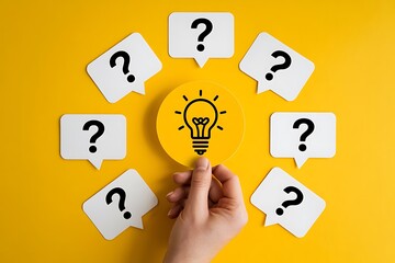 A hand holds a bright yellow circle with a black lightbulb symbol surrounded by white speech bubbles with question marks on a vibrant yellow background