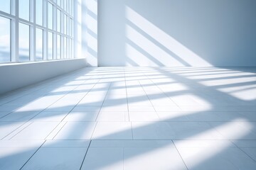 Obraz premium Bright and spacious interior room with large windows casting shadows on the floor, creating a serene and inviting atmosphere for various uses