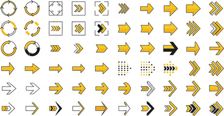 Collection of yellow and black vector arrows showing direction and movement
