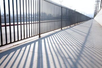 Fototapeta premium Shadows cast by a metal fence create striking patterns on a concrete sidewalk in a modern urban environment with soft morning light