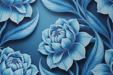 Elegant blue floral pattern with intricate petal details and flowing leaves creating a serene and sophisticated botanical design