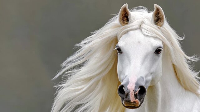 Majestic white horse with flowing mane in motion against neutral background

