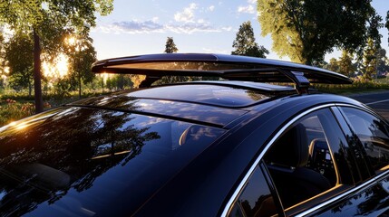 Sleek car rooftop with a sunroof, showcasing a scenic sunset drive along a tree-lined road