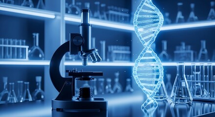 A microscope and glowing dna helix in a modern laboratory