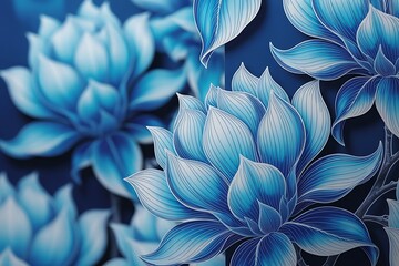Close up of elegant blue lotus flowers with intricate white line art detailing petals against a dark navy background