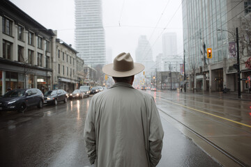 Beige Man in trench coat and hat on wet city street