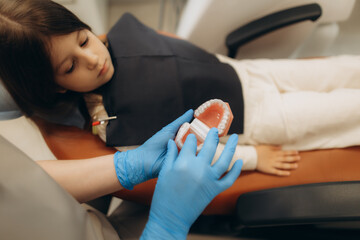 Dentist showing teeth model to young girl in dental clinic