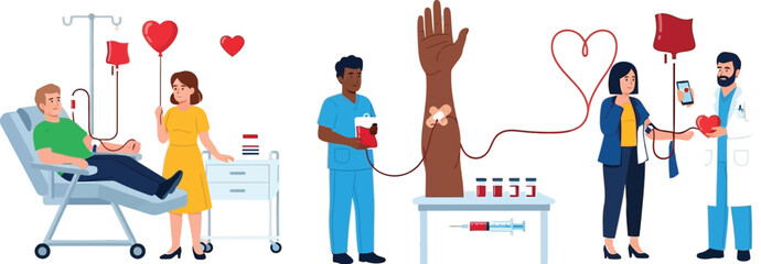 Blood donation illustration shows donors, medical staff, and equipment