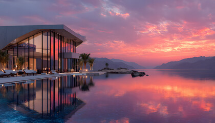 Futuristic eco-friendly luxury resort in Neom Saudi Arabia. Modern architecture with glass walls, breathtaking scenic view on water at sunset. Sustainable design for holiday travel, vacation, tour.