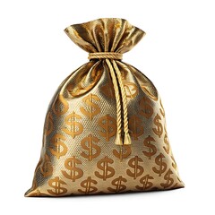 A luxurious golden money bag adorned with embossed dollar signs and a thick braided rope closure symbolizing wealth and financial prosperity on a clean white background