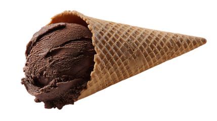 Chocolate ice cream scoop in waffle cone isolated on white or transparent png