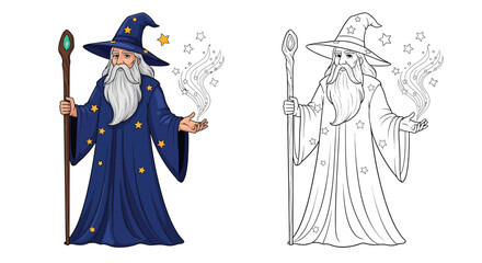 Mystical Fairy Tale Wizard Character Coloring Page with Both Colored and Outline Versions