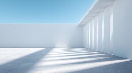 Fototapeta premium Minimalist architectural interior with bright sunlight casting shadows on white walls and floor, creating a serene and spacious atmosphere