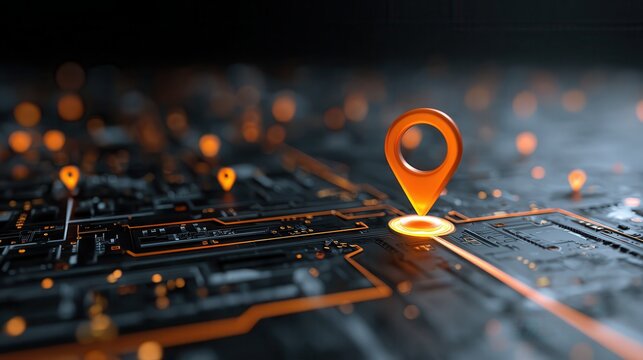 Modern tech roadmap graphic shows future infrastructure upgrades, software implementation. Plan for future innovations. Illustrates tech improvement, migration. Glowing orange.