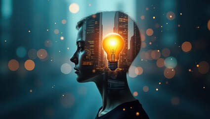A conceptual double exposure of a human head in side profile with a glowing lightbulb inside, symbolizing creativity and ideas. Urban cityscape and technology overlays in the background. High contrast