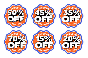 Set of Vibrant Orange and Blue “Get Up to 70% Off” Sale Stickers — Bold Promotional Labels for Retail, E-Commerce, and Marketing Campaigns