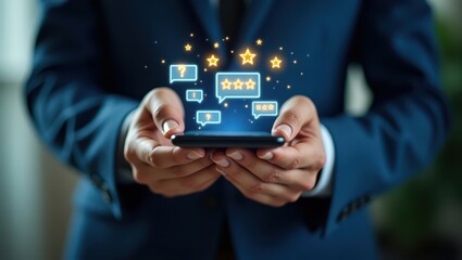 A close-up of hands holding a smartphone with floating UI icons, glowing review stars, holographic AI chatbot message bubbles, futuristic digital interface overlay, 3D transparent HUD, business settin