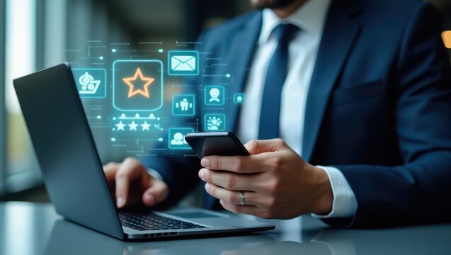 A close-up of hands holding a smartphone with floating UI icons, glowing review stars, holographic AI chatbot message bubbles, futuristic digital interface overlay, 3D transparent HUD, business settin - Powered by Adobe