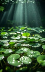 In the clear pond, aquatic plants sway with the waves