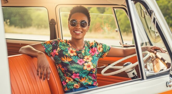 African American woman sitting in retro van on orange seat, wearing floral T-shirt and sunglasses
