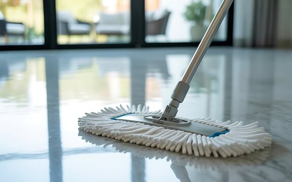 Close up of a modern microfiber mop with fluffy white strands cleaning a shiny marble floor in a bright contemporary home