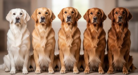 five Golden Retriever of different colors sit side by side, creating a visually balanced and elegant composition.