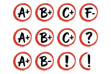 Collection of academic grades and symbols in red circles