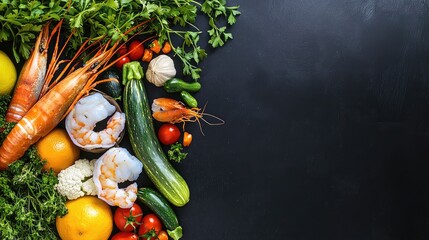 Fresh prawns, shrimps and vegetables filling half frame on dark background