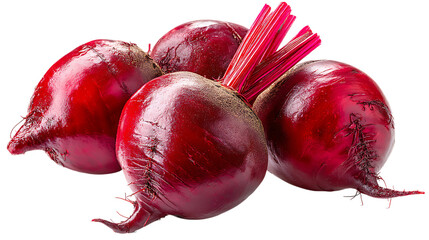 Four whole vibrant red beets with attached stems isolated on white or transparent png