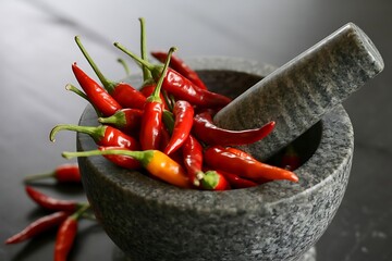 Close up of vibrant red chili peppers with green stems resting inside a rough textured granite mortar and pestle ready for grinding