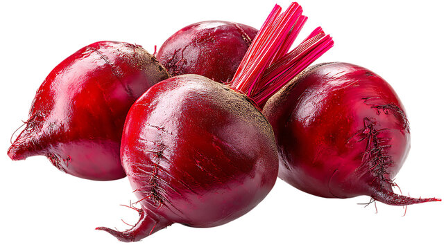 Four whole vibrant red beets with attached stems isolated on white or transparent png - Powered by Adobe