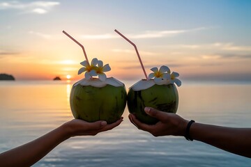 Two hands holding fresh green coconuts with pink straws and white frangipani flowers against a beautiful sunset over the ocean