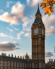 Iconic big ben clock tower in london stands tall against a dramatic sky with fluffy clouds and autumn leaves framing the scene