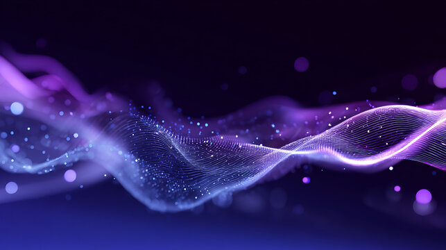 Abstract gradient particle waves seamlessly flowing with soft purple light and bokeh. Orange and blue digital waves. Technology, engineering, science, and artificial intelligence background