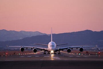 Large Passenger Airplane on Runway at Sunset Ready for Takeoff