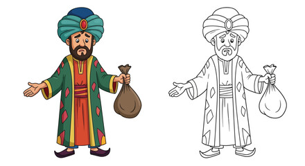 Obraz premium Naive Foolish Merchant Character Coloring Page with Both Colored and Outline Versions for Kids