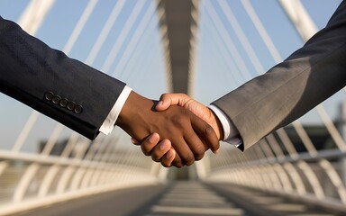 Business people shake hands in a modern cityscape symbolizing partnership and dealmaking for successful corporate ventures.