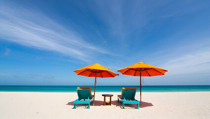 Tropical beach scene with a colorful umbrella and chairs on the sand, inviting relaxation under the summer sun by the blue ocean