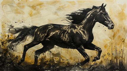 A dark horse gallops across the field. Freedom and beauty.