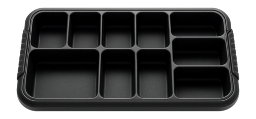 Plastic tool organizer tray with multiple compartments for a home DIY toolbox.