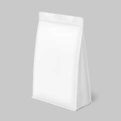 Vertical bag mockup. Flat bottom gusset bag with zipper lock. Half side view. Vector illustration isolated on grey background. Ready for use in presentation, promo, advertising and more. EPS10.