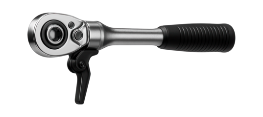 Adjustable head ratchet with a locking mechanism for stable use on heavy machinery wheels.